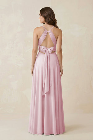 Halter A - Line Chiffon Bridesmaid Dress With Slit in Candy Pink - KissProm Bridesmaid Dresses