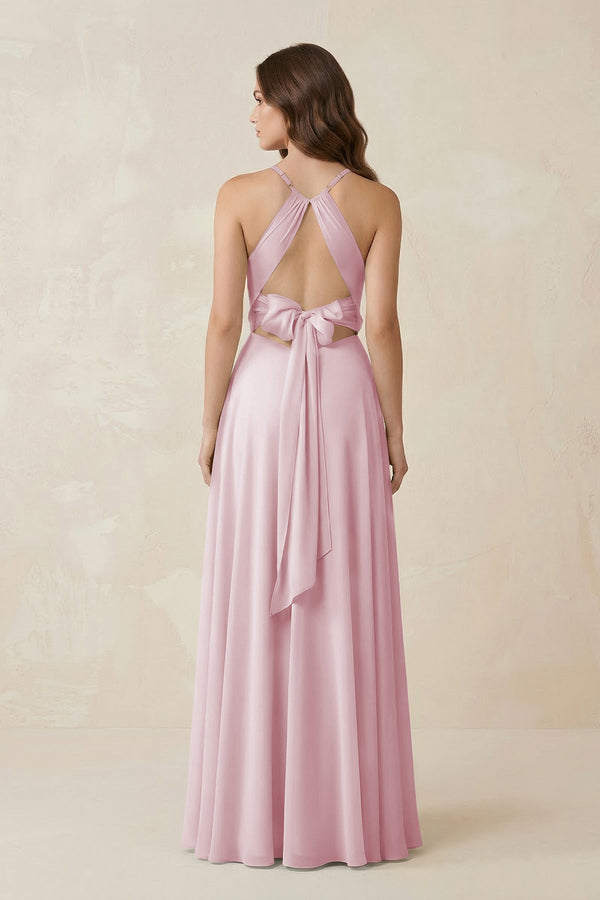 Halter A - Line Chiffon Bridesmaid Dress With Slit in Candy Pink - KissProm Bridesmaid Dresses