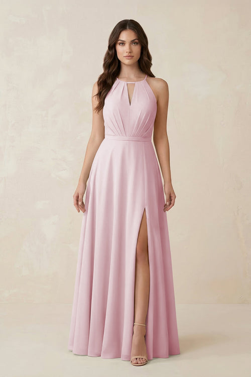 Halter A - Line Chiffon Bridesmaid Dress With Slit in Candy Pink - KissProm Bridesmaid Dresses