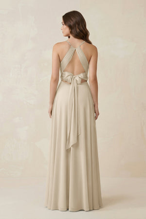 Halter A - Line Chiffon Bridesmaid Dress With Slit in Champagne - KissProm Bridesmaid Dresses