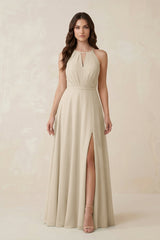 Halter A - Line Chiffon Bridesmaid Dress With Slit in Champagne - KissProm Bridesmaid Dresses