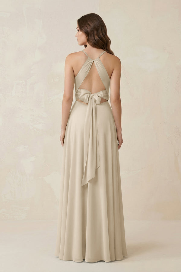 Halter A - Line Chiffon Bridesmaid Dress With Slit in Champagne - KissProm Bridesmaid Dresses