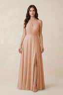 Halter A - Line Chiffon Bridesmaid Dress With Slit in Champagne Rose - KissProm Bridesmaid Dresses