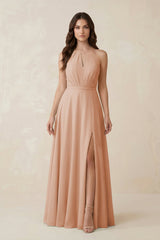 Halter A - Line Chiffon Bridesmaid Dress With Slit in Champagne Rose - KissProm Bridesmaid Dresses