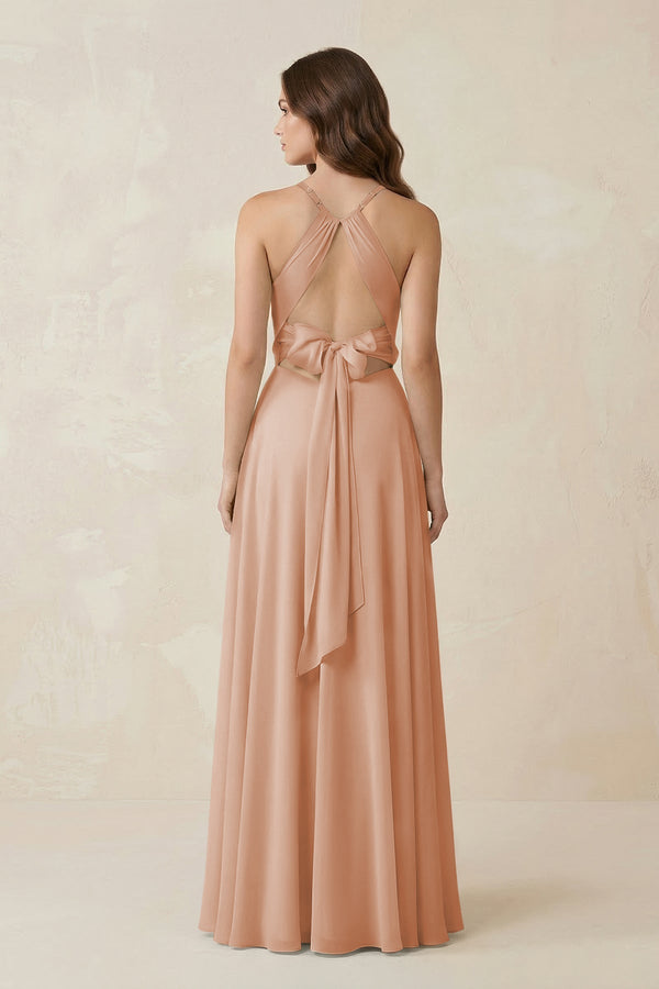 Halter A - Line Chiffon Bridesmaid Dress With Slit in Champagne Rose - KissProm Bridesmaid Dresses