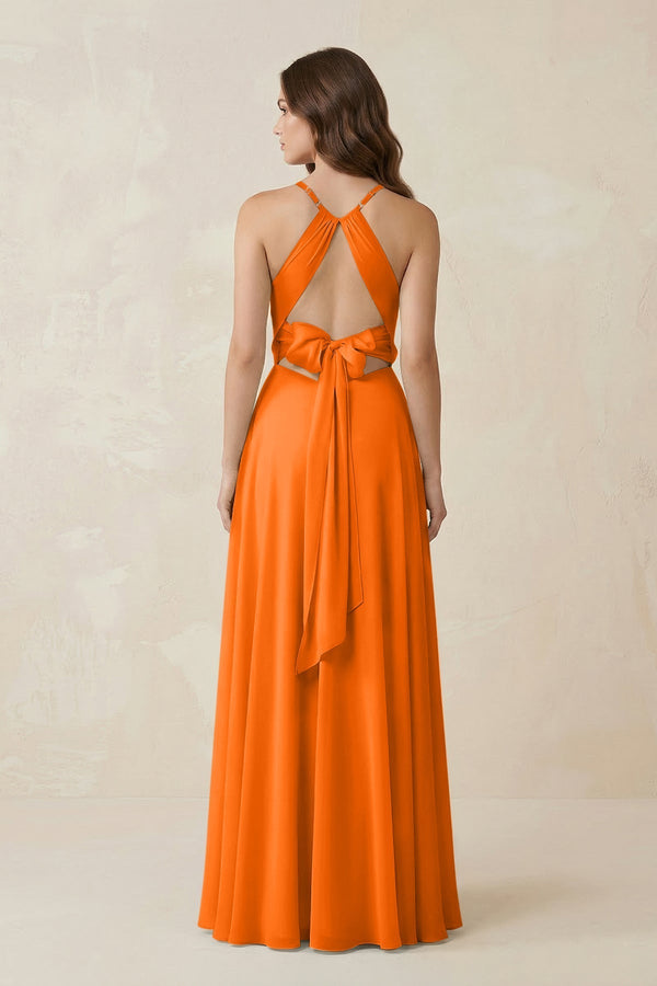 Halter A - Line Chiffon Bridesmaid Dress With Slit in Cinnamon - KissProm Bridesmaid Dresses