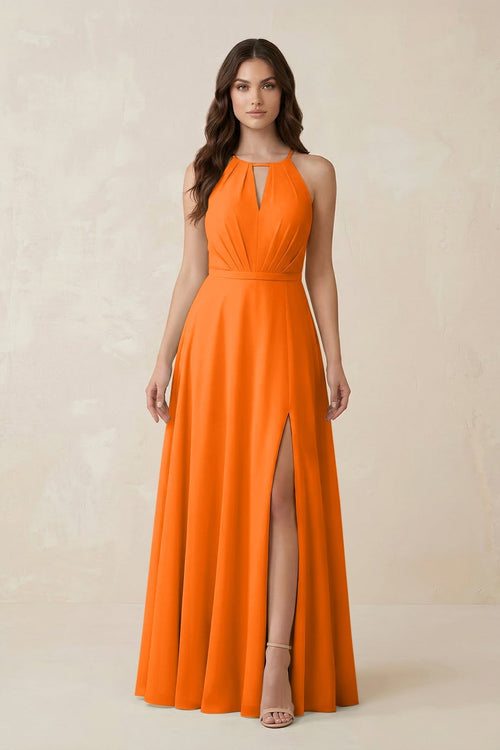 Halter A - Line Chiffon Bridesmaid Dress With Slit in Cinnamon - KissProm Bridesmaid Dresses