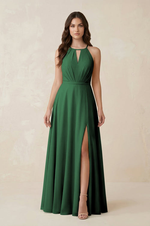 Halter A - Line Chiffon Bridesmaid Dress With Slit in Dark Green - KissProm Bridesmaid Dresses