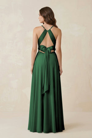 Halter A - Line Chiffon Bridesmaid Dress With Slit in Dark Green - KissProm Bridesmaid Dresses