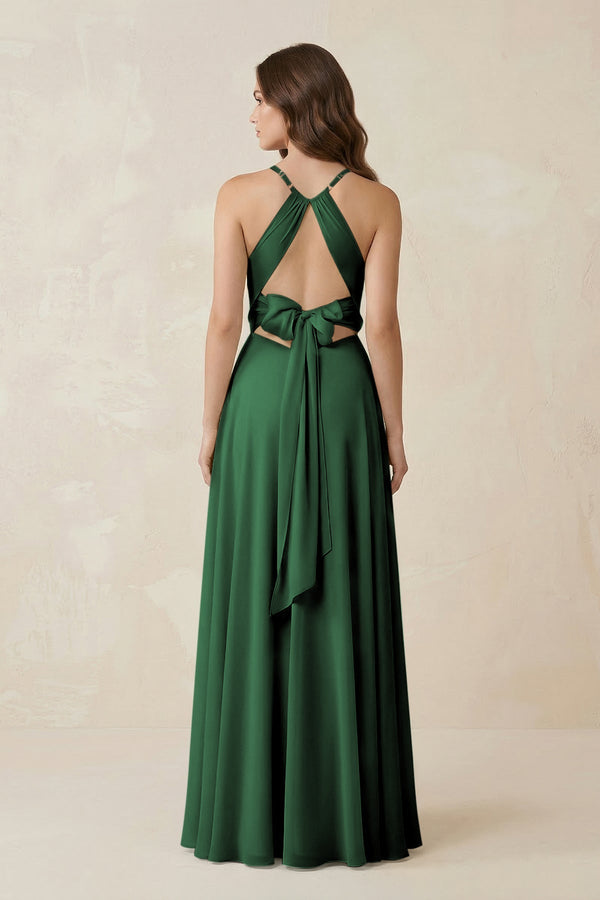 Halter A - Line Chiffon Bridesmaid Dress With Slit in Dark Green - KissProm Bridesmaid Dresses