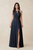 Halter A - Line Chiffon Bridesmaid Dress With Slit in Dark Navy - KissProm Bridesmaid Dresses