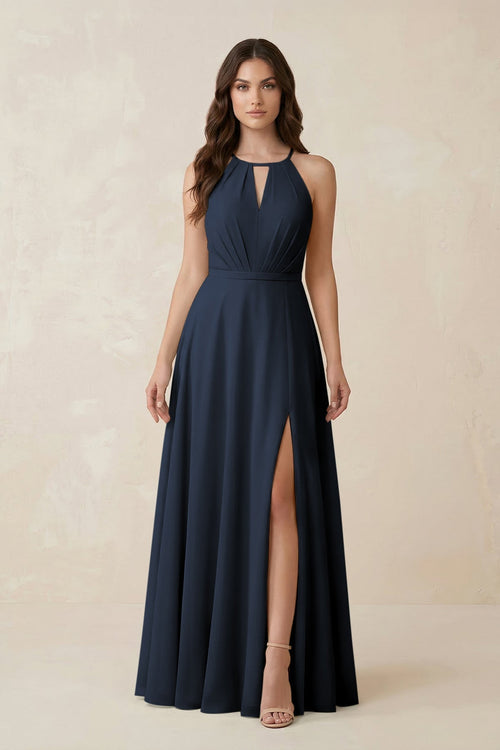Halter A - Line Chiffon Bridesmaid Dress With Slit in Dark Navy - KissProm Bridesmaid Dresses