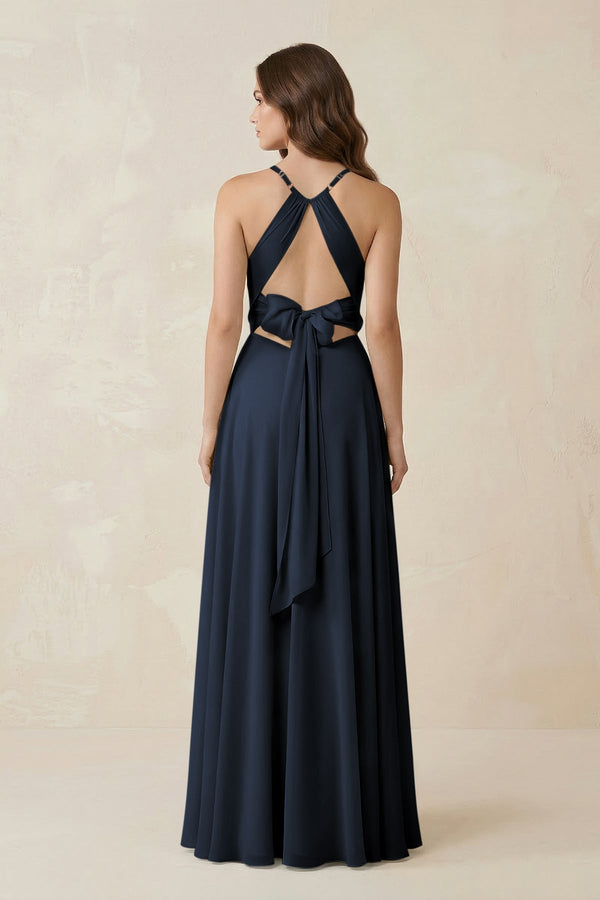Halter A - Line Chiffon Bridesmaid Dress With Slit in Dark Navy - KissProm Bridesmaid Dresses
