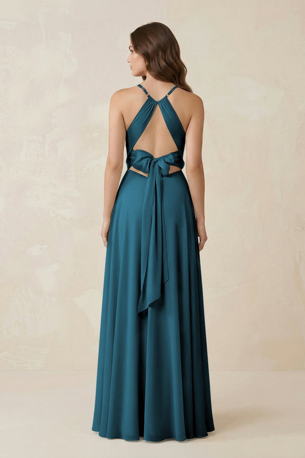 Halter A - Line Chiffon Bridesmaid Dress With Slit in Dark Teal - KissProm Bridesmaid Dresses