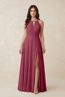 Halter A - Line Chiffon Bridesmaid Dress With Slit in Desert Rose - KissProm Bridesmaid Dresses