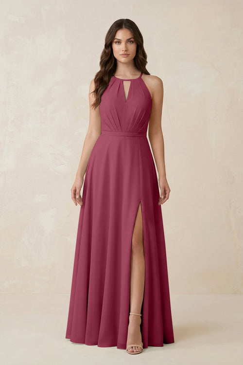 Halter A - Line Chiffon Bridesmaid Dress With Slit in Desert Rose - KissProm Bridesmaid Dresses