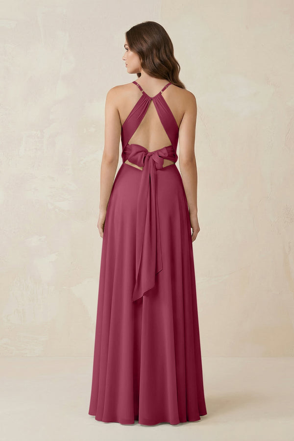 Halter A - Line Chiffon Bridesmaid Dress With Slit in Desert Rose - KissProm Bridesmaid Dresses