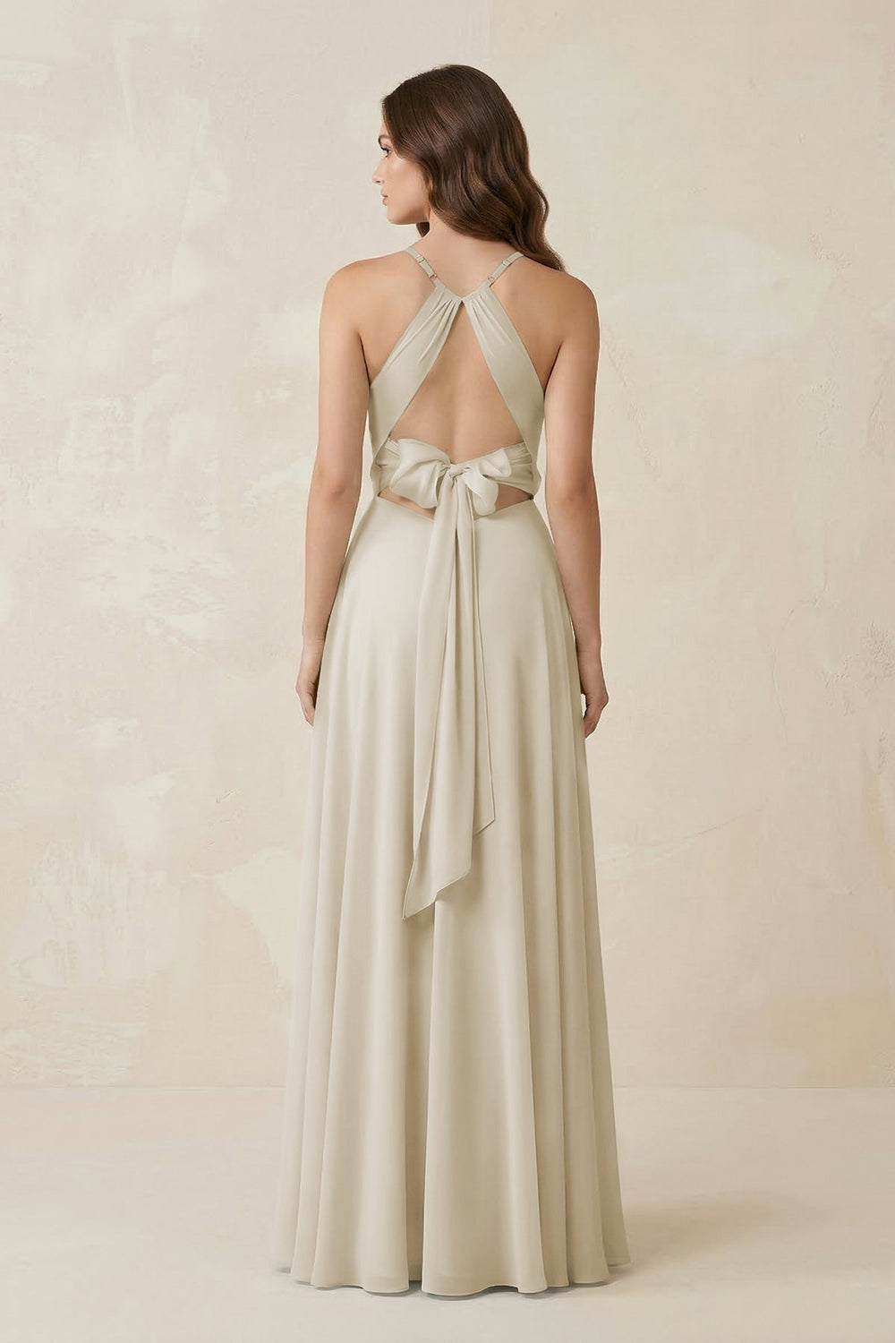 Halter A - Line Chiffon Bridesmaid Dress With Slit in Dove Gray - KissProm Bridesmaid Dresses