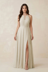 Halter A - Line Chiffon Bridesmaid Dress With Slit in Dove Gray - KissProm Bridesmaid Dresses