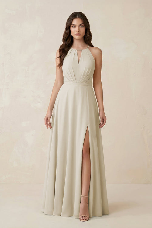 Halter A - Line Chiffon Bridesmaid Dress With Slit in Dove Gray - KissProm Bridesmaid Dresses
