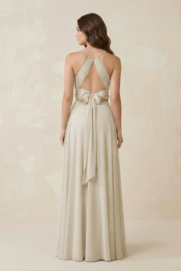 Halter A - Line Chiffon Bridesmaid Dress With Slit in Dove Gray - KissProm Bridesmaid Dresses