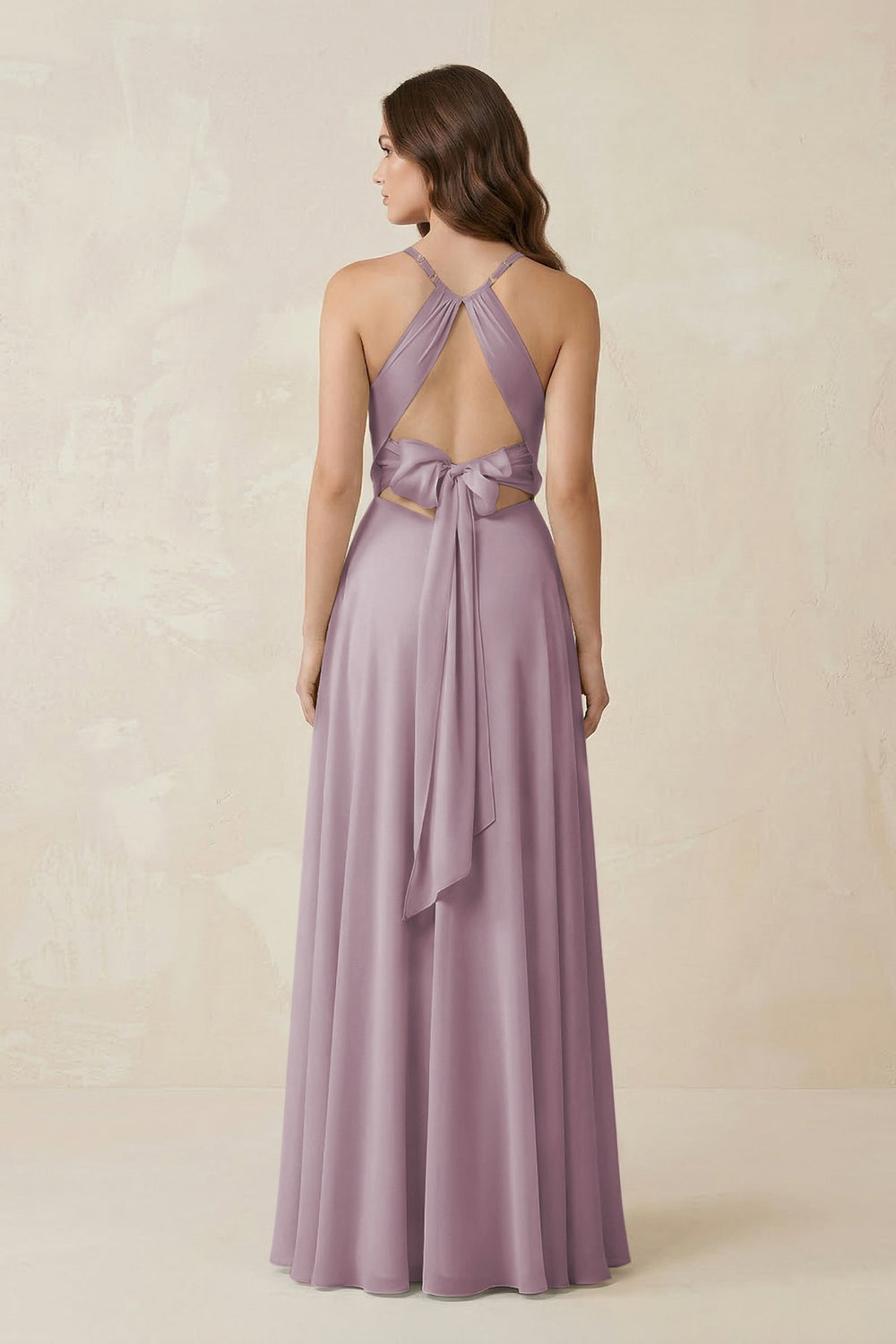 Halter A - Line Chiffon Bridesmaid Dress With Slit in Dusk - KissProm Bridesmaid Dresses