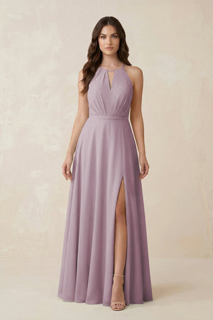 Halter A - Line Chiffon Bridesmaid Dress With Slit in Dusk - KissProm Bridesmaid Dresses