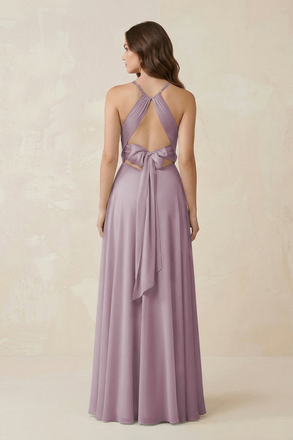 Halter A - Line Chiffon Bridesmaid Dress With Slit in Dusk - KissProm Bridesmaid Dresses