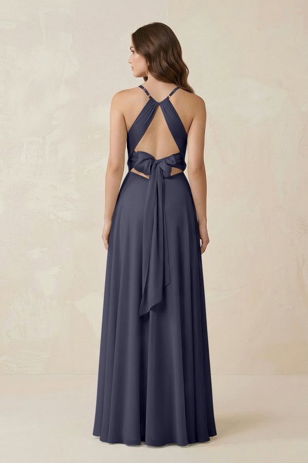 Halter A - Line Chiffon Bridesmaid Dress With Slit in Dusk Blue - KissProm Bridesmaid Dresses