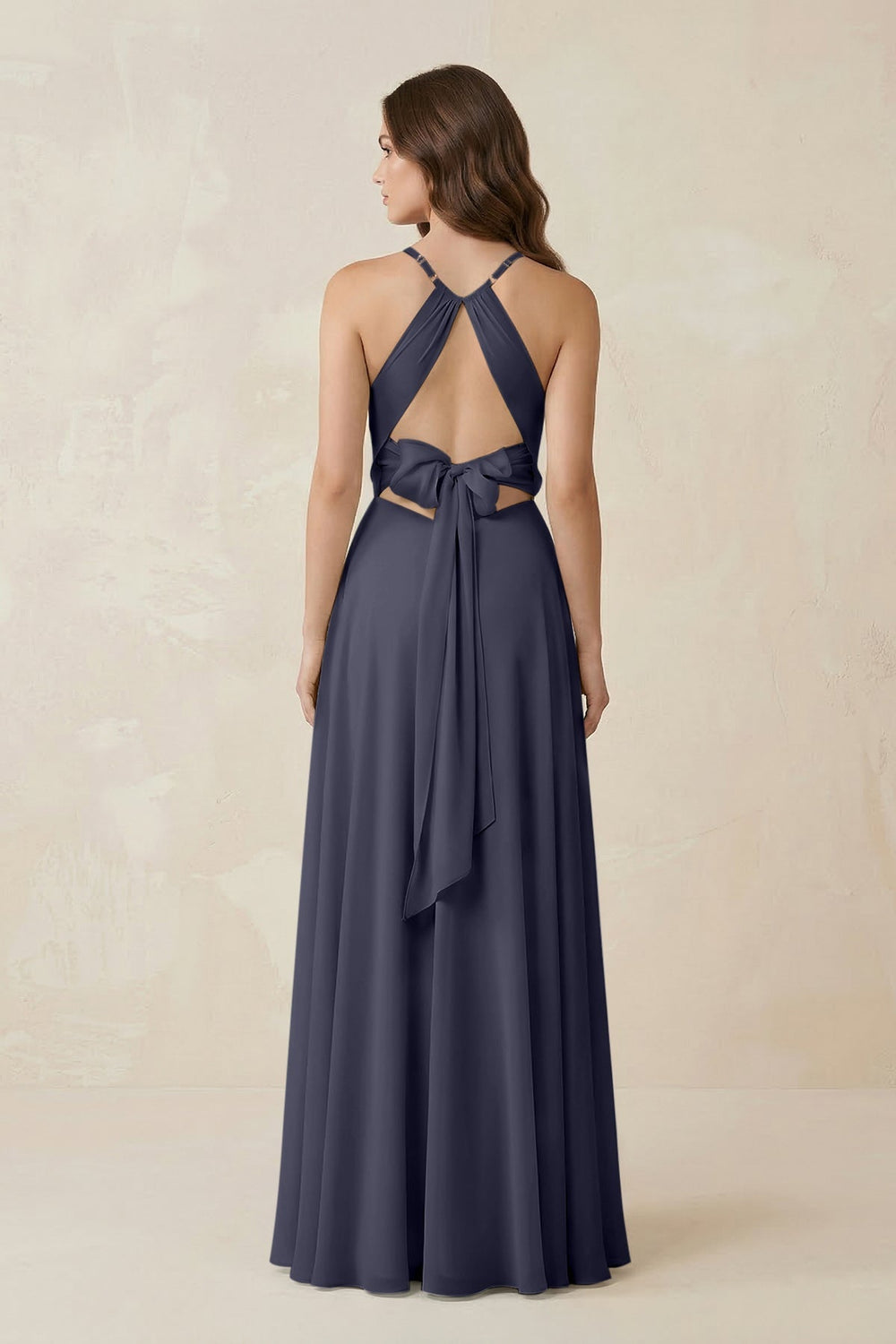 Halter A - Line Chiffon Bridesmaid Dress With Slit in Dusk Blue - KissProm Bridesmaid Dresses