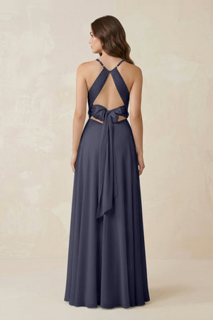 Halter A - Line Chiffon Bridesmaid Dress With Slit in Dusk Blue - KissProm Bridesmaid Dresses