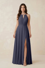 Halter A - Line Chiffon Bridesmaid Dress With Slit in Dusk Blue - KissProm Bridesmaid Dresses