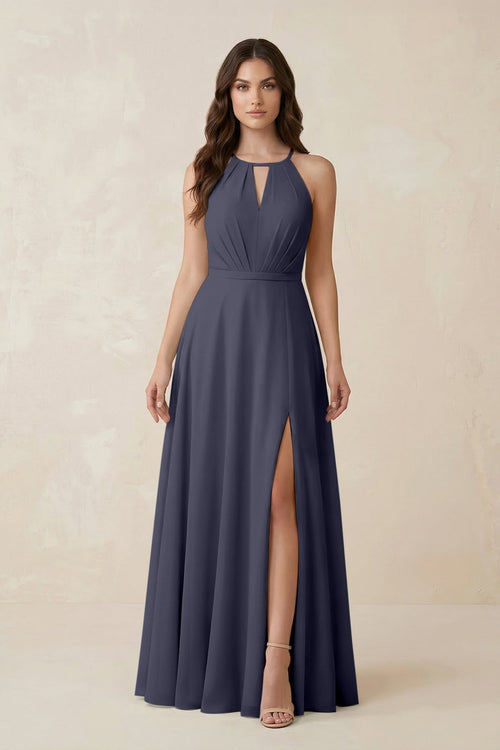 Halter A - Line Chiffon Bridesmaid Dress With Slit in Dusk Blue - KissProm Bridesmaid Dresses