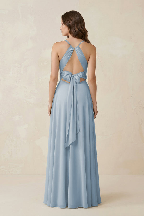 Halter A - Line Chiffon Bridesmaid Dress With Slit in Dusty Blue - KissProm Bridesmaid Dresses