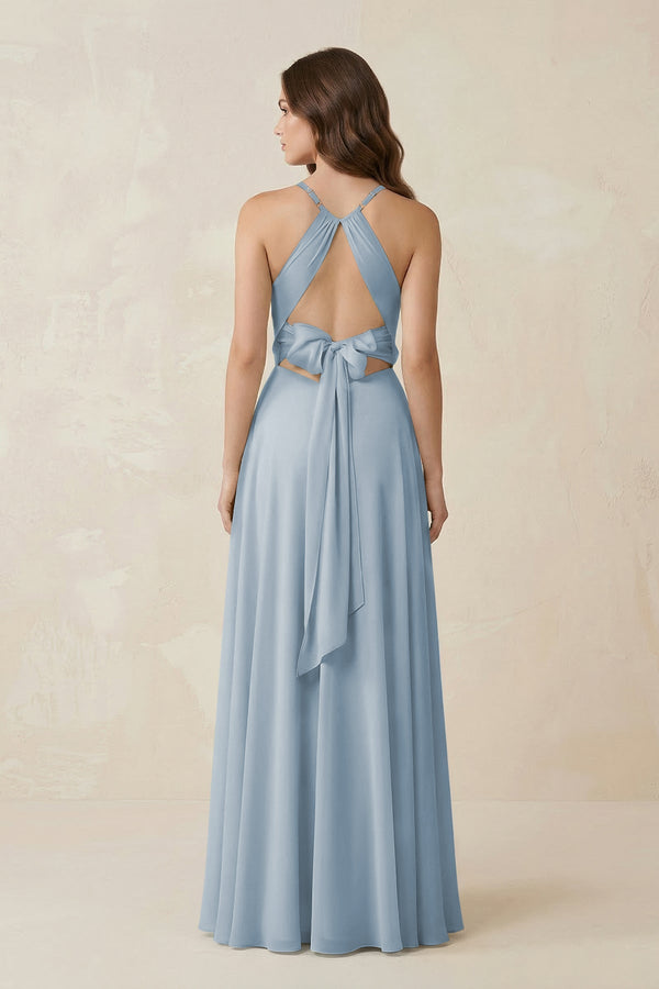 Halter A-Line Chiffon Bridesmaid Dress With Slit in Dusty Blue Halter A-Line Chiffon Bridesmaid Dress With Slit in Dusty Blue