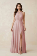 Halter A - Line Chiffon Bridesmaid Dress With Slit in Dusty Rose - KissProm Bridesmaid Dresses