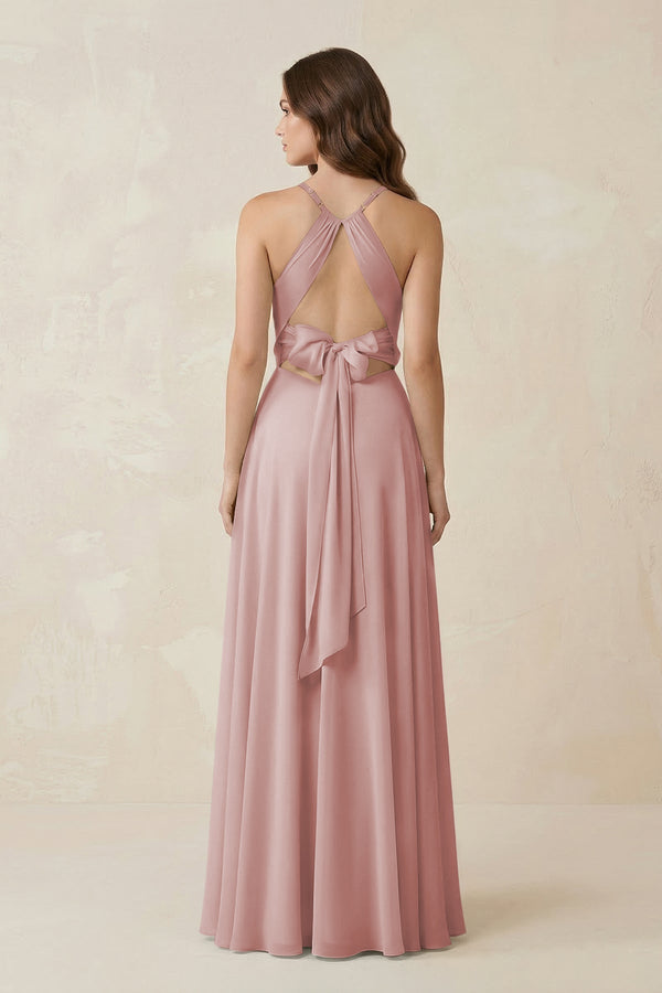 Halter A - Line Chiffon Bridesmaid Dress With Slit in Dusty Rose - KissProm Bridesmaid Dresses