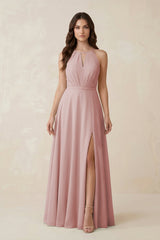 Halter A - Line Chiffon Bridesmaid Dress With Slit in Dusty Rose - KissProm Bridesmaid Dresses
