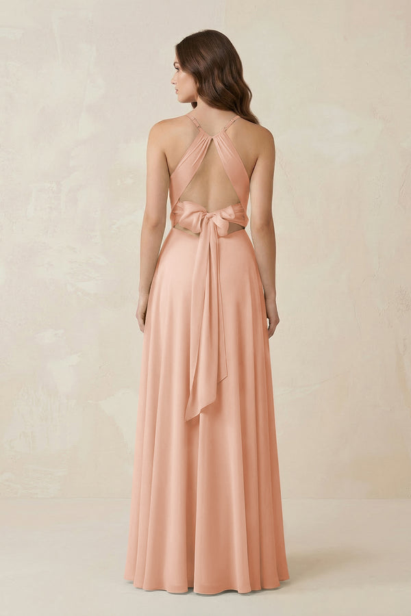 Halter A - Line Chiffon Bridesmaid Dress With Slit in English Rose - KissProm Bridesmaid Dresses