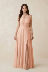Halter A - Line Chiffon Bridesmaid Dress With Slit in English Rose - KissProm Bridesmaid Dresses
