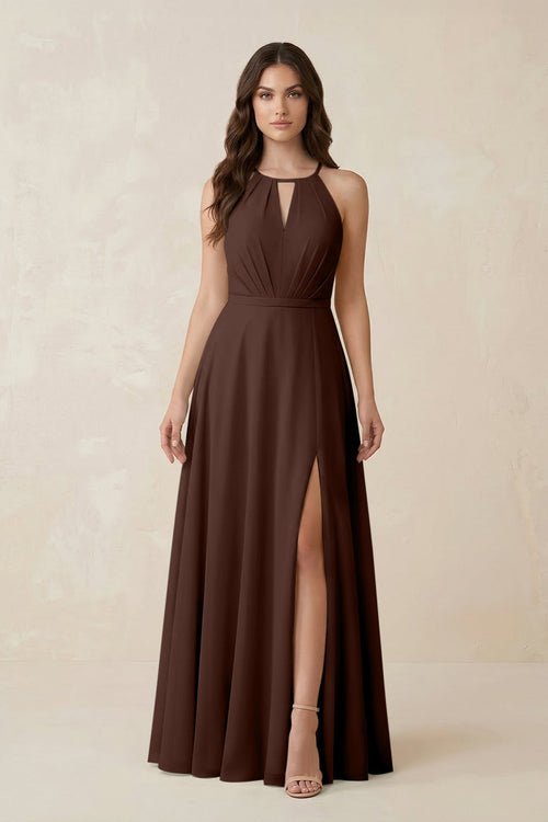 Halter A - Line Chiffon Bridesmaid Dress With Slit in Espresso - KissProm Bridesmaid Dresses