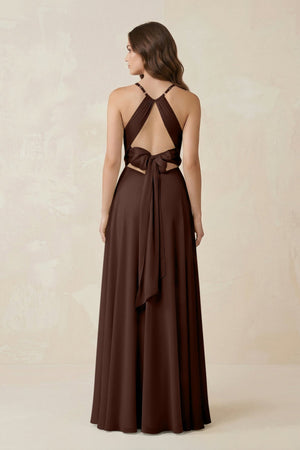 Halter A - Line Chiffon Bridesmaid Dress With Slit in Espresso - KissProm Bridesmaid Dresses