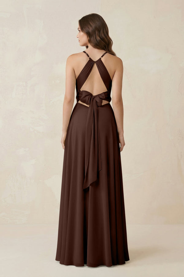 Halter A - Line Chiffon Bridesmaid Dress With Slit in Espresso - KissProm Bridesmaid Dresses