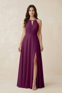Halter A - Line Chiffon Bridesmaid Dress With Slit in Fig - KissProm Bridesmaid Dresses