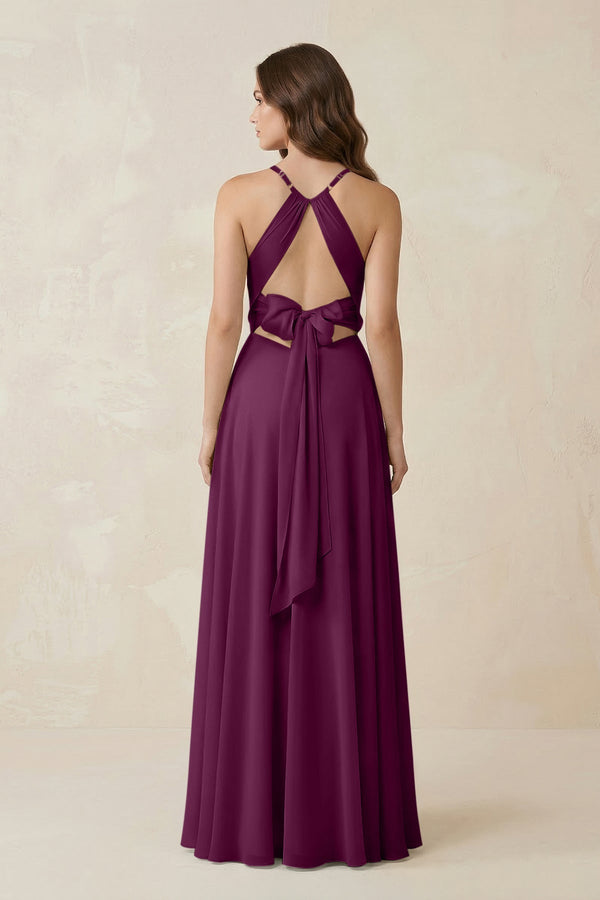 Halter A - Line Chiffon Bridesmaid Dress With Slit in Fig - KissProm Bridesmaid Dresses