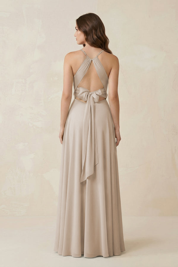 Halter A - Line Chiffon Bridesmaid Dress With Slit in Frost - KissProm Bridesmaid Dresses