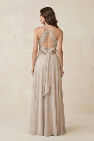 Halter A - Line Chiffon Bridesmaid Dress With Slit in Frost - KissProm Bridesmaid Dresses