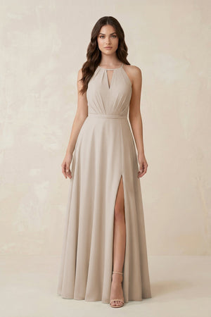 Halter A - Line Chiffon Bridesmaid Dress With Slit in Frost - KissProm Bridesmaid Dresses