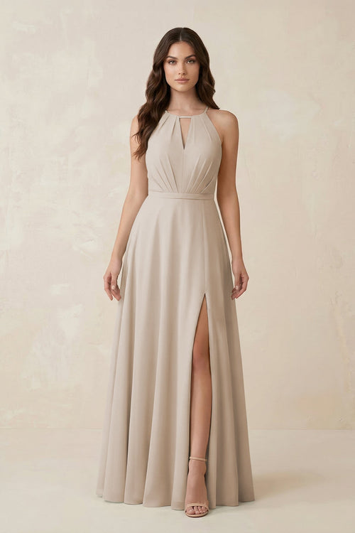 Halter A - Line Chiffon Bridesmaid Dress With Slit in Frost - KissProm Bridesmaid Dresses
