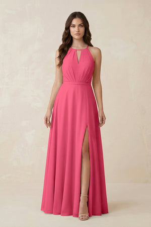 Halter A - Line Chiffon Bridesmaid Dress With Slit in Fuchsia - KissProm Bridesmaid Dresses